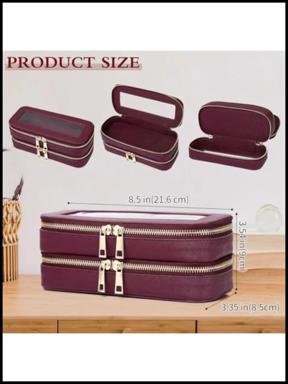Double Layer Makeup Bag with Clear Windows, Waterproof Faux Leather Cosmetic &